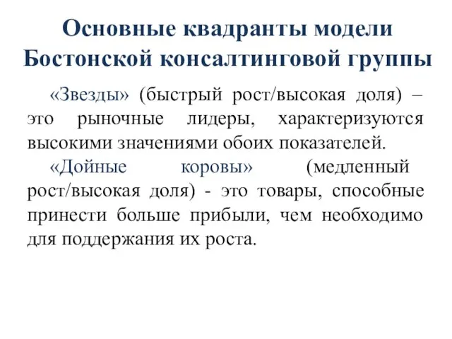 Основные квадранты модели Бостонской консалтинговой группы «Звезды» (быстрый рост/высокая доля) –