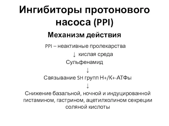 Ингибиторы протонового насоса (PPI) Механизм действия PPI – неактивные пролекарства ↓