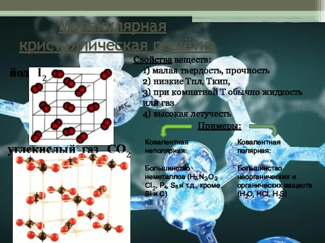 Свойства веществ: 1) малая твердость, прочность 2) низкие Тпл, Ткип, 3)