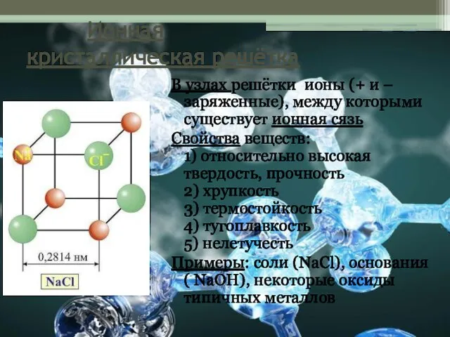 Ионная кристаллическая решётка В узлах решётки ионы (+ и – заряженные),