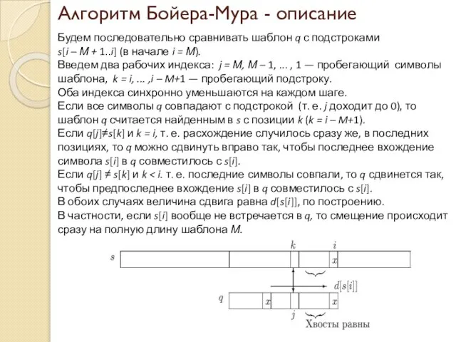 Алгоритм Бойера-Мура - описание Будем последовательно сравнивать шаблон q с подстроками