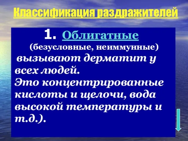 Классификация раздражителей Облигатные (безусловные, неиммунные) вызывают дерматит у всех людей. Это