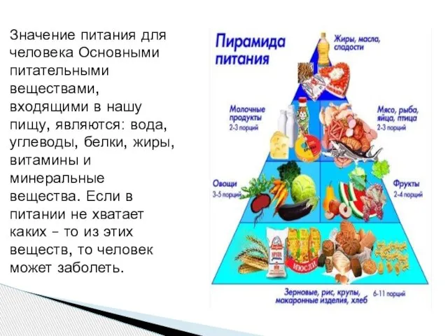 Значение питания для человека Основными питательными веществами, входящими в нашу пищу,