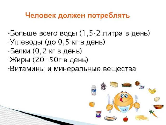 Человек должен потреблять -Больше всего воды (1,5-2 литра в день) -Углеводы