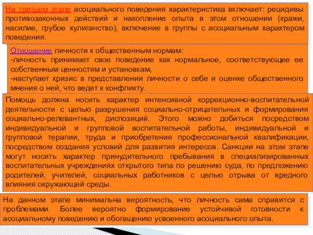 На третьем этапе асоциального поведения характеристика включает: рецидивы противозаконных действий и