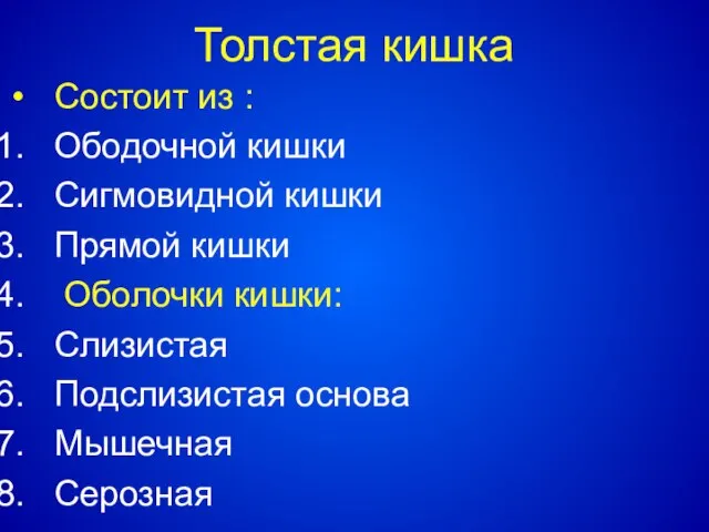 Толстая кишка Состоит из : Ободочной кишки Сигмовидной кишки Прямой кишки