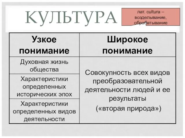 КУЛЬТУРА лат. cultura – возделывание, обрабатывание