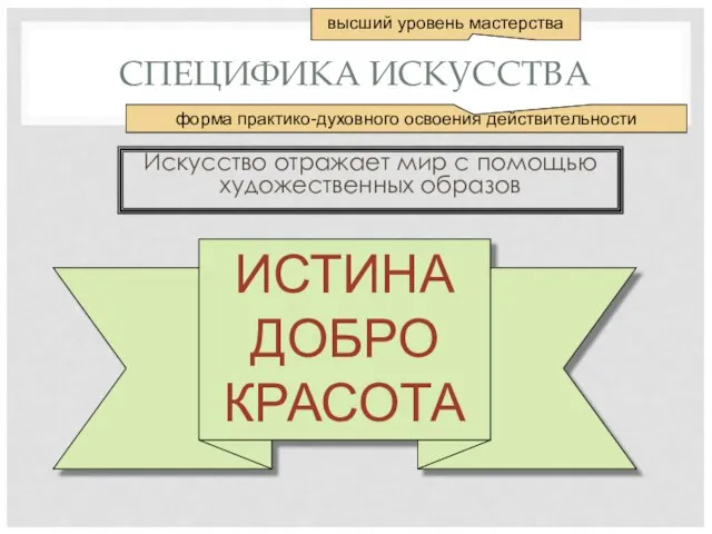 СПЕЦИФИКА ИСКУССТВА Искусство отражает мир с помощью художественных образов высший уровень