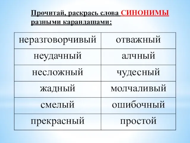 Прочитай, раскрась слова СИНОНИМЫ разными карандашами: