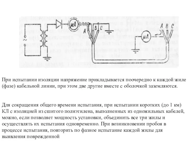 При испытании изоляции напряжение прикладывается поочередно к каждой жиле (фазе) кабельной