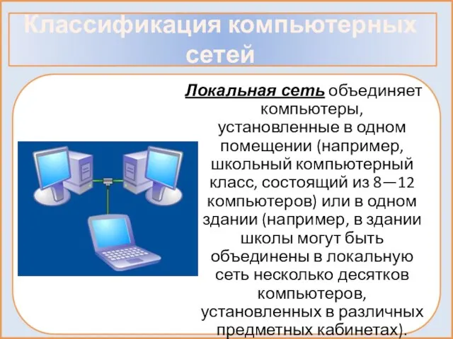 Классификация компьютерных сетей Локальная сеть объединяет компьютеры, установленные в одном помещении