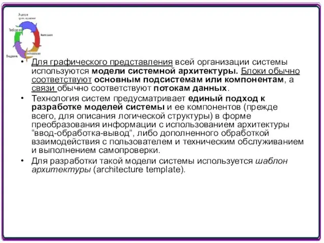 Для графического представления всей организации системы используются модели системной архитектуры. Блоки