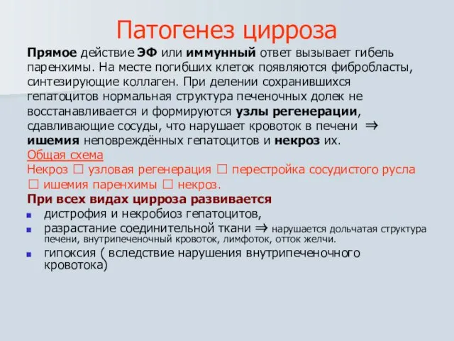 Патогенез цирроза Прямое действие ЭФ или иммунный ответ вызывает гибель паренхимы.