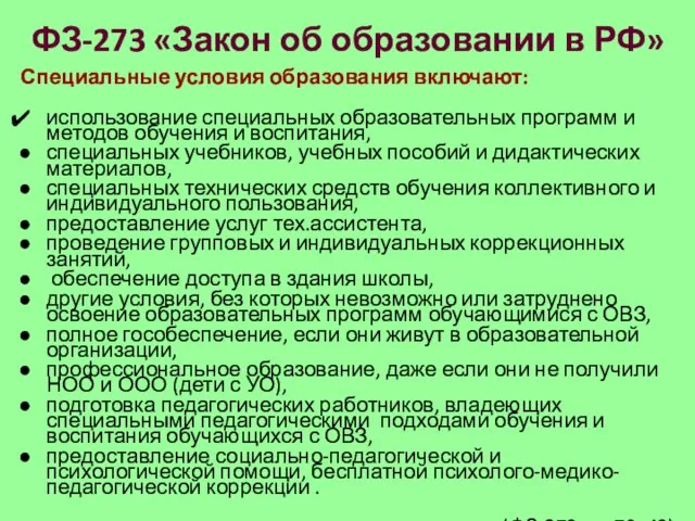 ФЗ-273 «Закон об образовании в РФ» Специальные условия образования включают: использование