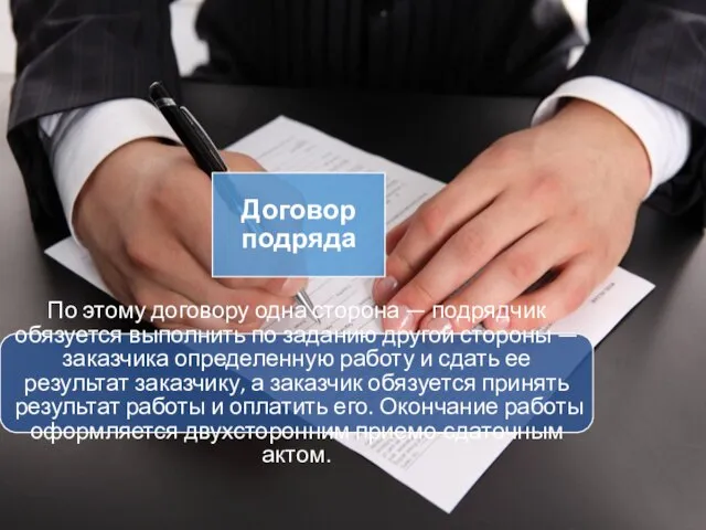 Договор подряда По этому договору одна сторона — подрядчик обязуется выполнить