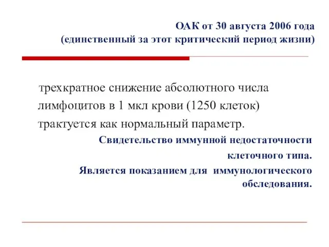 трехкратное снижение абсолютного числа лимфоцитов в 1 мкл крови (1250 клеток)