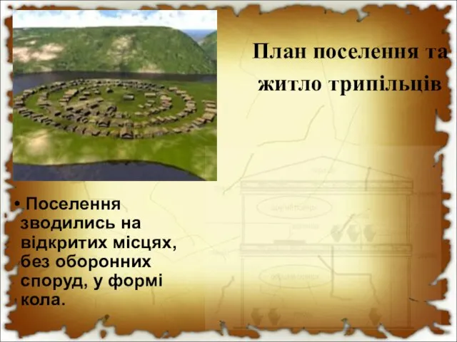 План поселення та житло трипільців Поселення зводились на відкритих місцях, без оборонних споруд, у формі кола.