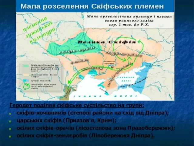 Геродот поділяв скіфське суспільство на групи: скіфів-кочівників (степові райони на схід