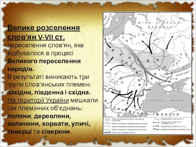 Велике розселення слов'ян V-VII ст. переселення слов'ян, яке відбувалося в процесі