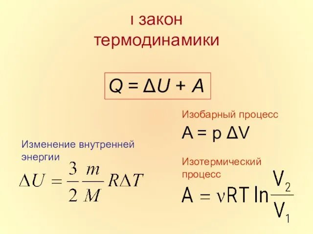 ı закон термодинамики Q = ΔU + A Изобарный процесс A