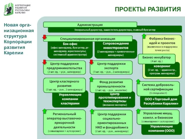 Новая орга- низационная структура Корпорации развития Карелии ПРОЕКТЫ РАЗВИТИЯ