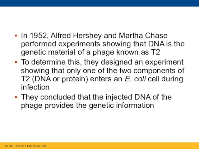In 1952, Alfred Hershey and Martha Chase performed experiments showing that