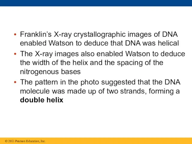 Franklin’s X-ray crystallographic images of DNA enabled Watson to deduce that