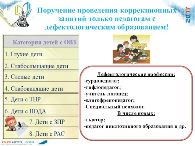 Поручение проведения коррекционных занятий только педагогам с дефектологическим образованием! Дефектологические профессии: