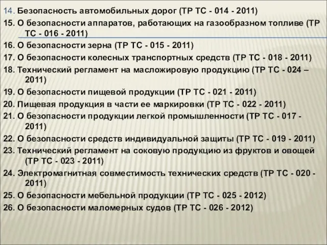 14. Безопасность автомобильных дорог (ТР ТС - 014 - 2011) 15.