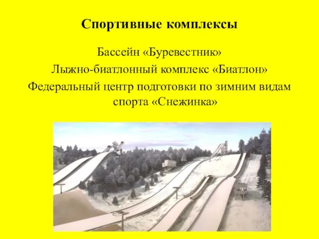 Спортивные комплексы Бассейн «Буревестник» Лыжно-биатлонный комплекс «Биатлон» Федеральный центр подготовки по зимним видам спорта «Снежинка»