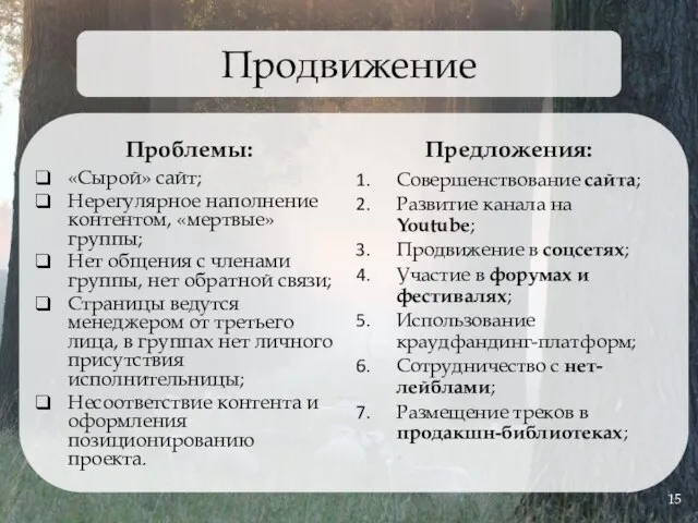 Продвижение Проблемы: «Сырой» сайт; Нерегулярное наполнение контентом, «мертвые» группы; Нет общения