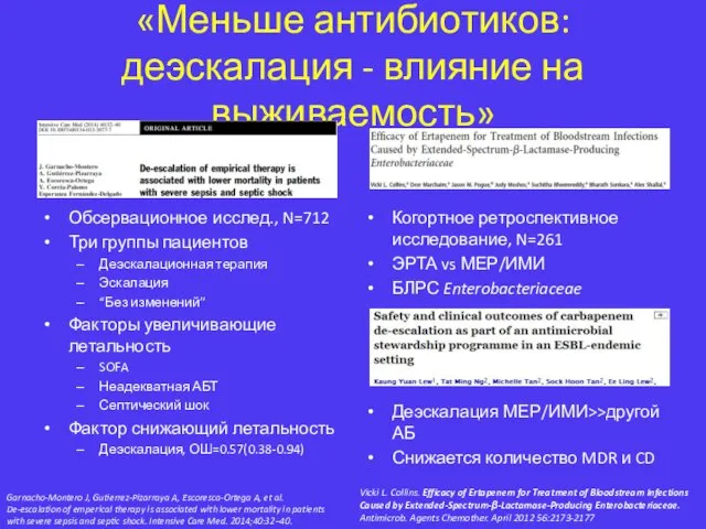 «Меньше антибиотиков: деэскалация - влияние на выживаемость» Обсервационное исслед., N=712 Три