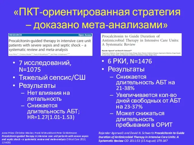 «ПКТ-ориентированная стратегия – доказано мета-анализами» 7 исследований, N=1075 Тяжелый сепсис/СШ Результаты