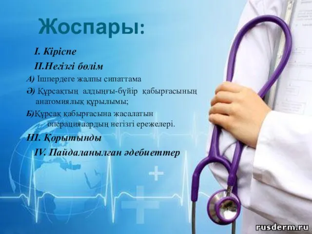 Жоспары: I. Кіріспе II.Негізгі бөлім А) Ішпердеге жалпы сипаттама Ә) Құрсақтың