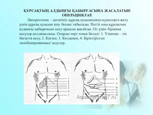 ҚҰРСАҚТЫҢ АЛДЫҢҒЫ ҚАБЫРҒАСЫНА ЖАСАЛАТЫН ОПЕРАЦИЯЛАР. Лапоротомия – дегеніміз құрсақ қуысындағы мүшелерге