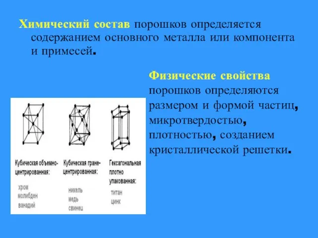 Химический состав порошков определяется содержанием основного металла или компонента и примесей.