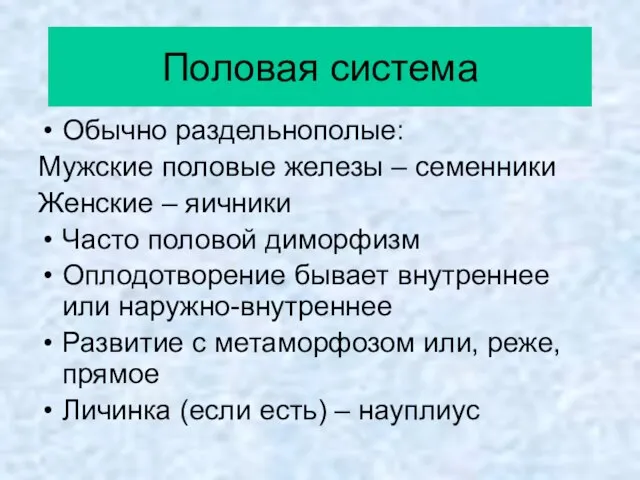 Половая система Обычно раздельнополые: Мужские половые железы – семенники Женские –