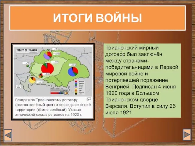 ИТОГИ ВОЙНЫ Триано́нский ми́рный догово́р был заключён между странами-победительницами в Первой