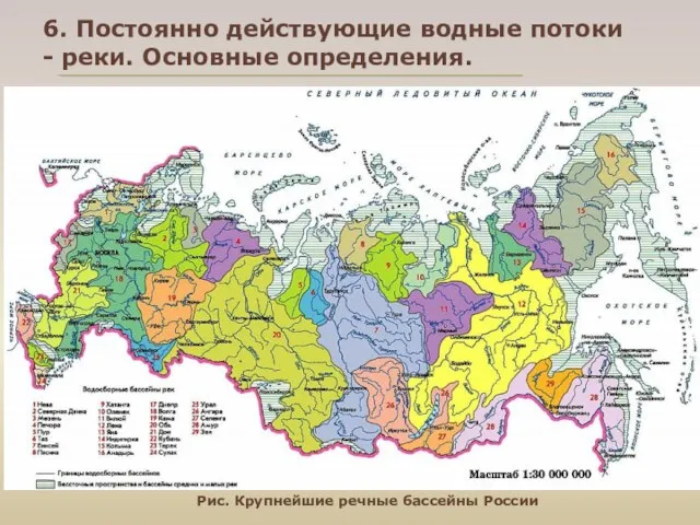 6. Постоянно действующие водные потоки - реки. Основные определения. Рис. Крупнейшие речные бассейны России