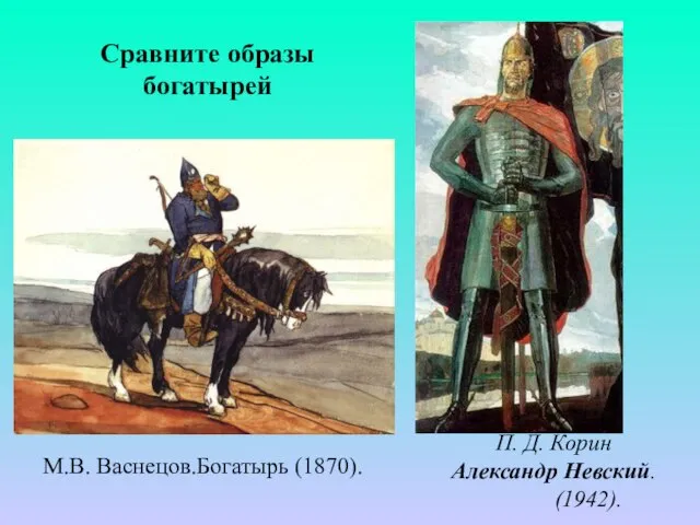 М.В. Васнецов.Богатырь (1870). П. Д. Корин Александр Невский. (1942). Сравните образы богатырей