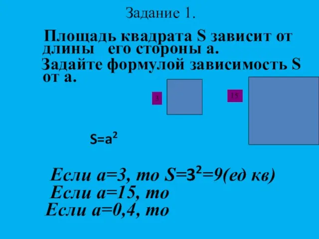 Задание 1. Площадь квадрата S зависит от длины его стороны а.