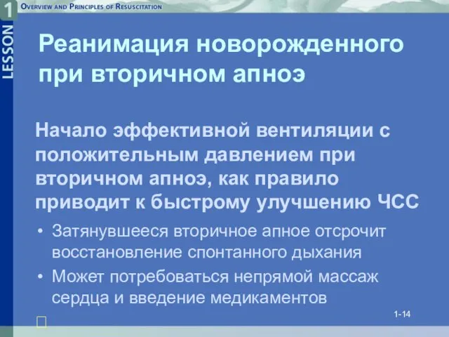 1- Реанимация новорожденного при вторичном апноэ Затянувшееся вторичное апное отсрочит восстановление