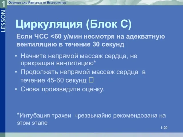 1- Циркуляция (Блок C) Начните непрямой массаж сердца, не прекращая вентиляцию*