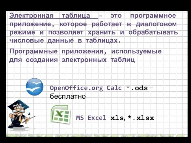 Электронная таблица – это программное приложение, которое работает в диалоговом режиме