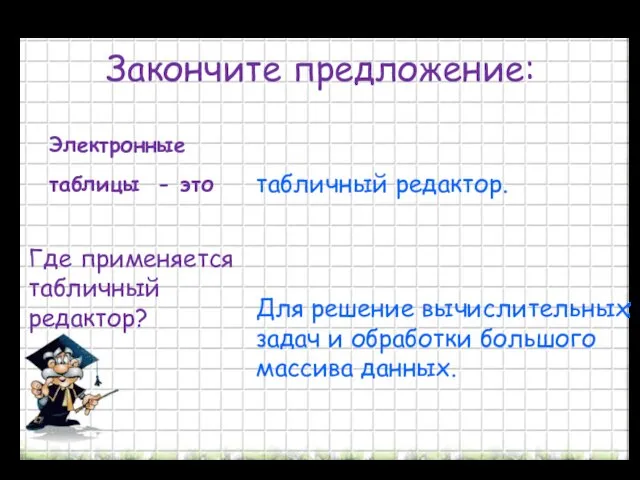 Закончите предложение: Электронные таблицы - это табличный редактор. Где применяется табличный