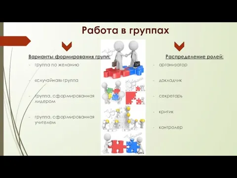 Работа в группах Варианты формирования групп: группа по желанию «случайная» группа