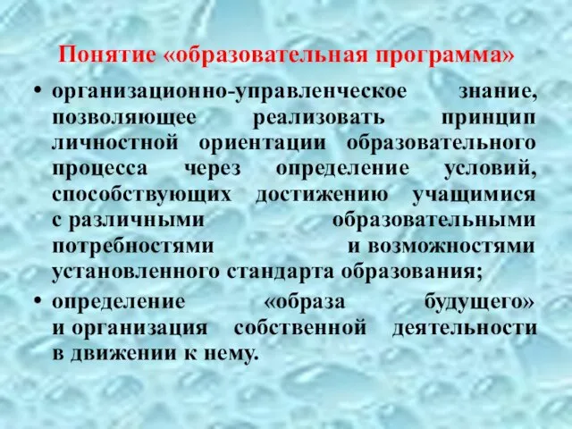 Понятие «образовательная программа» организационно-управленческое знание, позволяющее реализовать принцип личностной ориентации образовательного