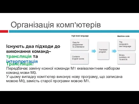 Організація комп’ютерів Існують два підходи до виконання команд– трансляція та інтерпретація