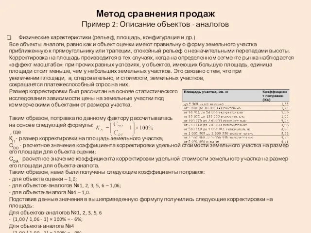 Метод сравнения продаж Пример 2: Описание объектов - аналогов Физические характеристики