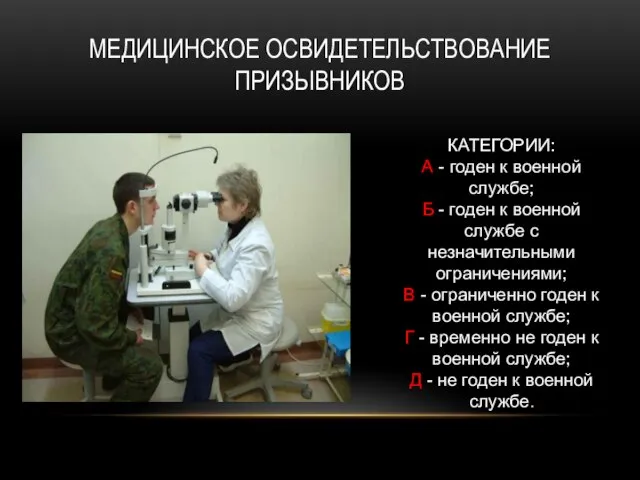 МЕДИЦИНСКОЕ ОСВИДЕТЕЛЬСТВОВАНИЕ ПРИЗЫВНИКОВ КАТЕГОРИИ: А - годен к военной службе; Б